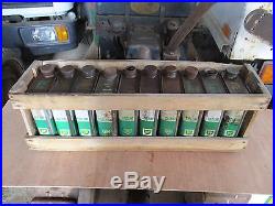10 Vintage BP Solexine Oil Cans + Crate, Velosolex Moped Autocycle. Petrol Can