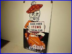 16x31 Vtg. 1950 Mac Auto Economy Over 2000 items for your Car Porcelain Sign