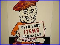 16x31 Vtg. 1950 Mac Auto Economy Over 2000 items for your Car Porcelain Sign