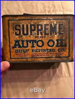 1920s Vintage GULF REFINING CO. SUPREME AUTO OIL Old Model T Car 1 Gallon Can