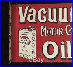 1940's Vacuum Motor Car Oils Vintage Porcelain 2 Sided Flange Enamel Sign