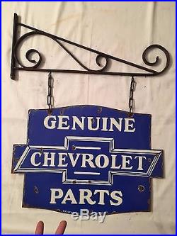 1940's Vintage Porcelain Chevrolet Parts 2 Side with Angle & Chain Enamel Sign