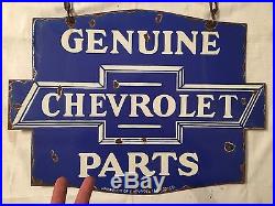 1940's Vintage Porcelain Chevrolet Parts 2 Side with Angle & Chain Enamel Sign