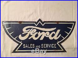 1940's Vintage Porcelain Ford Sales Service 2 Sided Enamel Sign