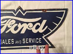 1940's Vintage Porcelain Ford Sales Service 2 Sided Enamel Sign