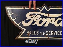 1940's Vintage Porcelain Ford Sales & Service 2 Sided Enamel Sign