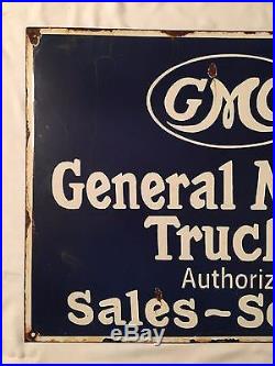 1940's Vintage Porcelain GMC Genaral Motors Trucks Sales Service Enamel Sign