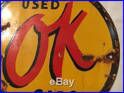 1940's Vintage Porcelain Used OK Cars Rare Enamel Sign