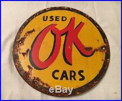 1940's Vintage Porcelain Used OK Cars Rare Enamel Sign