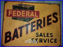 1940s FEDERAL CAR BATTERIES VINTAGE OIL GAS MOTOR GARAGE PORCELAIN ENAMEL SIGN