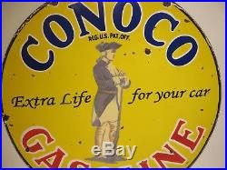 30 Round Vintage Conoco Extra Life for your car Porcelain Oil & Gas Sign