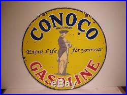30 Round Vintage Conoco Extra Life for your car Porcelain Oil & Gas Sign