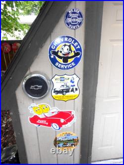 6 Vintage Adv Signs- 4 Chevy + 1 Esso Heavy Metal Porcelain & 1 Chevy Hub Cap