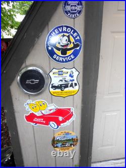6 Vintage Adv Signs- 4 Chevy + 1 Esso Heavy Metal Porcelain & 1 Chevy Hub Cap