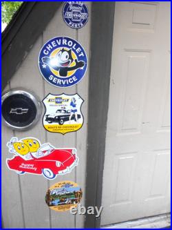 6 Vintage Adv Signs- 4 Chevy + 1 Esso Heavy Metal Porcelain & 1 Chevy Hub Cap