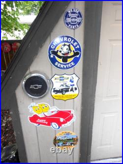 6 Vintage Adv Signs- 4 Chevy + 1 Esso Heavy Metal Porcelain & 1 Chevy Hub Cap