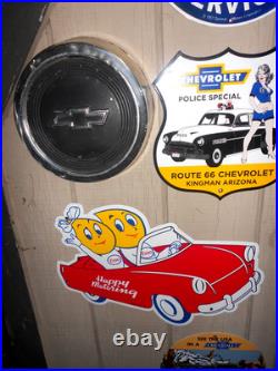 6 Vintage Adv Signs- 4 Chevy + 1 Esso Heavy Metal Porcelain & 1 Chevy Hub Cap