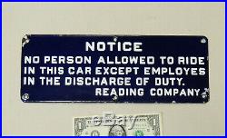 Antique vtg 1910's Porcelain Sign READING RAILROAD Employee Train Car Notice RR