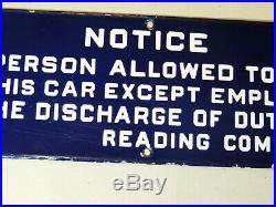 Antique vtg 1910's Porcelain Sign READING RAILROAD Employee Train Car Notice RR