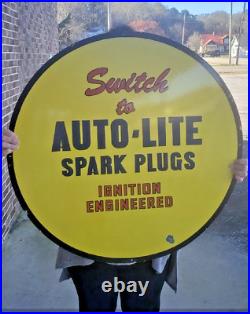 Auto-lite Spark Plugs S. Sided 30 Inch Vintage Porcelain Gas Oil Sign