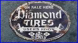 Early 1900's Diamond Tire Sign Oval 22 x 16 Porcelain Original Vintage Auto
