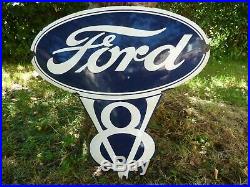 FORD V8 Porcelain Sign Vintage Car Advertising 24 Domed Logo Old V8 Garage USA