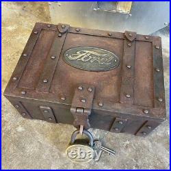 Ford Iron Strong Box Chest With Ford Brass Plaque and Lock, Antique Vintage Finish