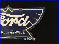 Ford Sales & Service 1940's Vintage Porcelain 2 Sided 24 x 11 Enamel sign