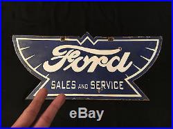 Ford Sales & Service 1940's Vintage Porcelain 2 Sided 24 x 11 Enamel sign