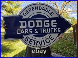 HUGE VINTAGE DODGE CARS & TRUCKS DEPENDABLE SERVICE PORCELAIN SIGN 28x18