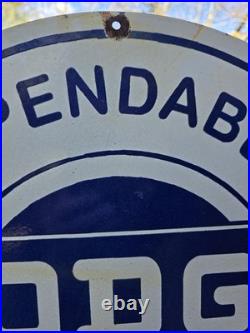 HUGE VINTAGE DODGE CARS & TRUCKS DEPENDABLE SERVICE PORCELAIN SIGN 28x18