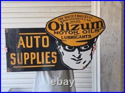 HUGE VINTAGE OILZUM MOTOR OILS AUTO SUPPLIES PORCELAIN SIGN 30 x 17