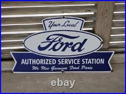 Huge Vintage Your Local Ford Authorized Service Station Porcelain Sign 36 X 20