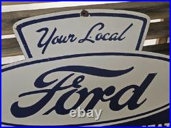 Huge Vintage Your Local Ford Authorized Service Station Porcelain Sign 36 X 20
