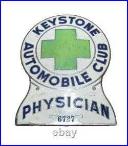 KEYSTONE AUTOMOBILE CLUB PHYSICIAN Old Porcelain Auto Truck Badge Sign Emblem Ad