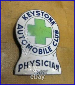 KEYSTONE AUTOMOBILE CLUB PHYSICIAN Old Porcelain Auto Truck Badge Sign Emblem Ad