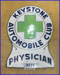 KEYSTONE AUTOMOBILE CLUB PHYSICIAN Old Porcelain Auto Truck Badge Sign Emblem Ad