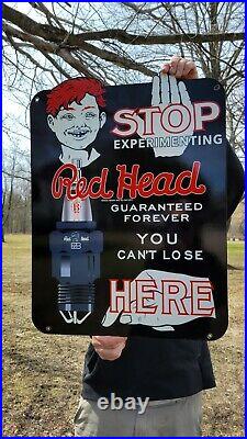 Large Old Vintage Red Head Spark Plug Auto Gasoline Porcelain Heavy Metal Sign