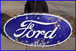 Large Vintage 1940's Ford Car Dealership Gas Oil 73 Porcelain Neon Metal Sign