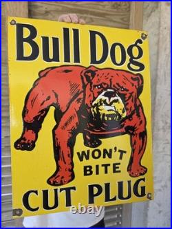 Large Vintage Bull Dog Tobacco Porcelain Sign Car Gas Oil Truck 18×14