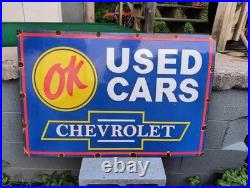 Large Vintage Chevrolet Ok Used Cars Automobile 36 Porcelain Metal Sign
