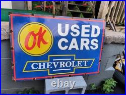 Large Vintage Chevrolet Ok Used Cars Automobile 36 Porcelain Metal Sign