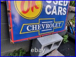 Large Vintage Chevrolet Ok Used Cars Automobile 36 Porcelain Metal Sign