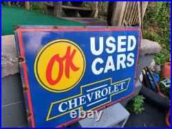 Large Vintage Chevrolet Ok Used Cars Automobile 36 Porcelain Metal Sign