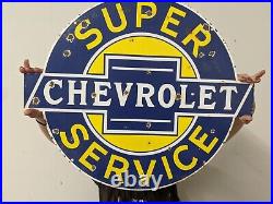 Large Vintage Chevrolet Super Service Porcelain Enamel Dealership Sign Chevy Gm