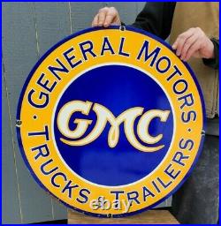Large Vintage Gmc Trucks Dealer Porcelain Metal Double Sided Sign General Motors