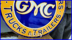 Large Vintage Gmc Trucks Dealer Porcelain Metal Double Sided Sign General Motors