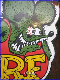 Large Vintage Rat Fink Porcelain Sign Old 30 Ed Roth Hot Rod Auto Gas Engine Ad