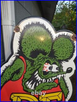 Large Vintage Rat Fink Porcelain Sign Old 30 Ed Roth Hot Rod Auto Gas Engine Ad