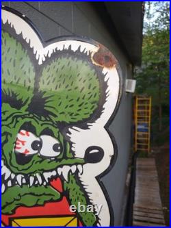 Large Vintage Rat Fink Porcelain Sign Old 30 Ed Roth Hot Rod Auto Gas Engine Ad